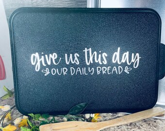 give us this day our daily bread, aluminum cake pan, cake pan with lid, custom baking pan, 2 piece cake pan, engraved cake pan