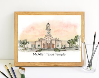McAllen TX Temple Print,lds temple art,temple watercolor,temple wall decor, temple artwork,lds wedding gift,lds watercolor art, temple lds