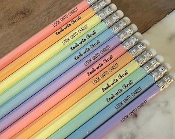 May include: A set of rainbow colored pencils with the phrase "LOOK UNTO CHRIST" printed on each pencil.