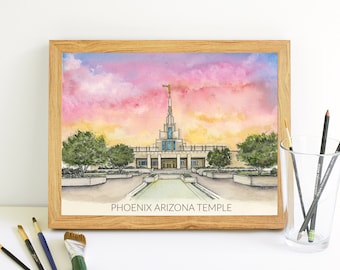 Phoenix temple print, lds temple art, temple watercolor, temple wall decor, temple artwork, lds wedding gift, lds watercolor art, temple lds