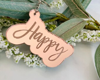 happy keychain, rose gold mirrored acrylic, christian keychains, christian gift, religious keychain, inspirational gift, I am happy