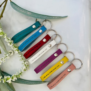 May include: Six leather keychains in different colors with the phrase "I can do all things through Christ" engraved on them.