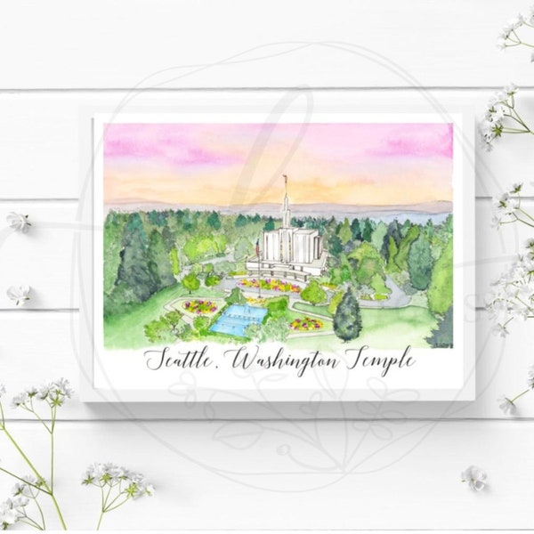 Seattle Temple Print, lds temple art,temple watercolor,temple wall decor, temple artwork,lds wedding gift,lds watercolor art, temple lds