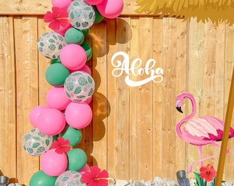 Guirlande de ballons tropical aloha flamant rose | Arche en montgolfière rose Wild One | Ballons palmiers | Décoration de fête d'anniversaire d'été | Décor de célibataire