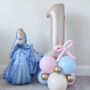 Licensed Cinderella Theme Balloon Tower, Vintage Princess Balloon Display, Girl First Birthday, Disney Themed Birthday, Coquette Bow Decor