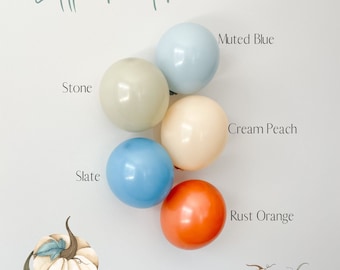 May include: A set of six balloons in various colors, including muted blue, stone, cream peach, slate, and rust orange. The balloons are arranged in a circle with the text "Little Pumpkin" at the top of the image.