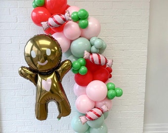 Christmas Balloon Garland, Candy Balloon Arch, Winter Onederland, Christmas Birthday, Pink Christmas, Oh What Fun To Be One Gingerbread Man
