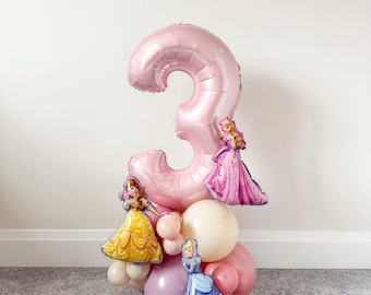 Licensed Pink Princess Number Balloon Tower Centerpiece, Disney Theme Girl Birthday Party Decor, Belle, Sleeping Beauty, Cinderella