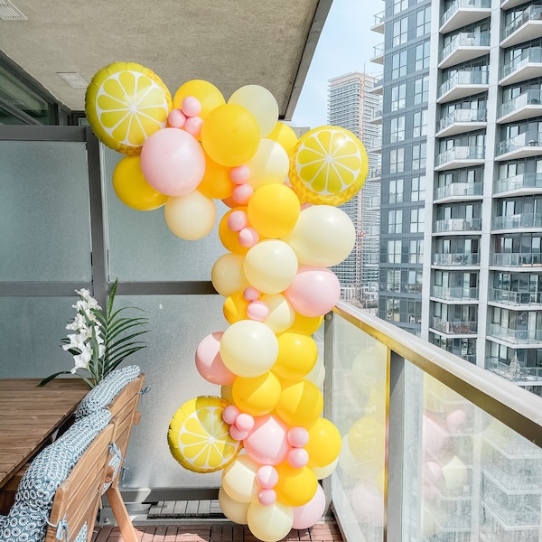 Sweet Lemon Yellow Summer DIY Balloon Garland | Pastel Yellow Pink Balloon Arch | First Birthday Party Decor | Bachelorette Pool Party Decor