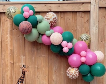 Green Pink Safari Balloon Garland Kit | Wild One Party Decor | Sage Green Balloons | Wild Two | Party Animal Birthday, Animal Print Balloons