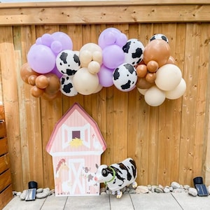 Kit de guirlande de ballons DIY rose du sud sur le thème de la ferme rurale Cow Girl | Décoration de fête ballons bricolage violet pastel arche de ballons vache impression ballons
