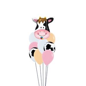 Pink Cow Print Farm Theme Balloon Bouquet | Holy Cow Balloon Decor | Cow Print Balloons | Third Rodeo Party | First Rodeo | Western Party