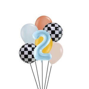 Retro Muted Race Car Themed Balloon Bouquet | Birthday Car themed Balloon Arch | Two Fast Party Decor | Car Birthday | Checkered Balloons
