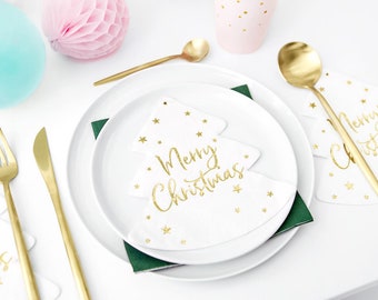 White and Gold Modern Tree Shaped Merry Christmas Napkins | Christmas Napkins | White and Gold Napkins | Gold and White Christmas Tableware