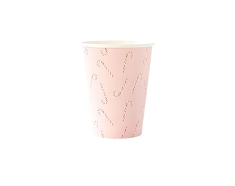 May include: Pink paper cups with a pattern of red and gold candy canes.