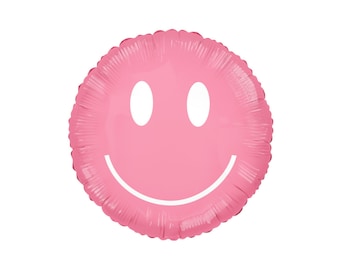 Könnte beinhalten: Rosa Folienballon in Form eines Smiley-Gesichts.
