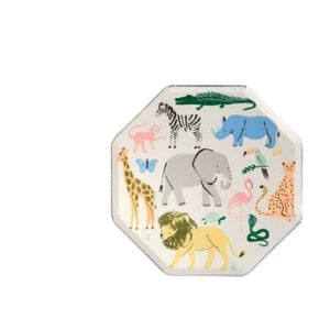 May include: White paper party plates with a colorful jungle animal design. The plates feature a giraffe, elephant, lion, zebra, rhino, crocodile, monkey, butterfly, snake, and parrot.
