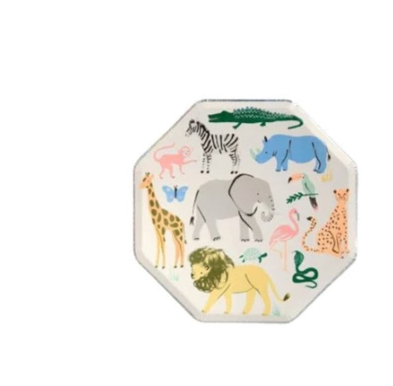 May include: White paper party plates with a colorful jungle animal design. The plates feature a giraffe, elephant, lion, zebra, rhino, crocodile, monkey, butterfly, snake, and parrot.