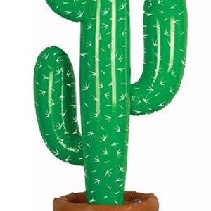 May include: An inflatable green cactus with white accents, resembling thorns, is set in a brown pot. The cactus has multiple arms and is designed to stand upright. This decorative item is suitable for parties and events.