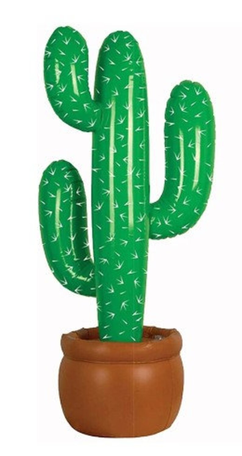 May include: An inflatable green cactus with white accents, resembling thorns, is set in a brown pot. The cactus has multiple arms and is designed to stand upright. This decorative item is suitable for parties and events.
