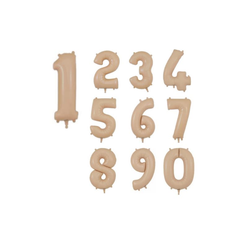 May include: Set of ten beige number balloons, each balloon is inflated and ready to use. The balloons are arranged in a row, starting with the number one and ending with the number zero.