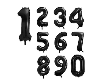 May include: Black balloon numbers 1 through 10. The balloons are inflated and have a glossy finish.