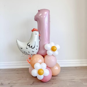 Chicken Balloon Tower This Chick Is One Cute Chick Balloon Stack Easter Hen Spring Farm Theme Little Baby Chick Girl First Birthday Decor