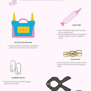 Puede incluir: Ilustraci&oacute;n de suministros para fiestas para guirnaldas de globos. Incluye una bomba de globos el&eacute;ctrica, una bomba manual, ganchos Command, bandas el&aacute;sticas y abrazaderas. El texto dice "Recomendado para una configuraci&oacute;n suave y r&aacute;pida."