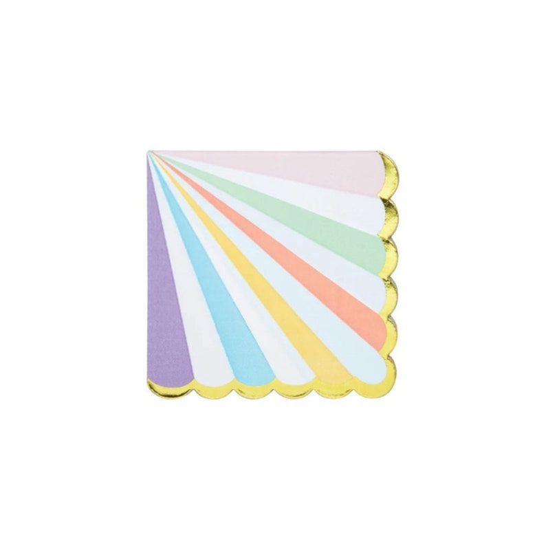 May include: Pastel rainbow striped paper napkins with a scalloped gold edge.