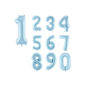 May include: A set of ten light blue foil balloons, each shaped as a number from 1 to 10.