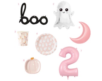 May include: A set of pink and white Halloween party decorations, including a ghost balloon, a crescent moon balloon, a number 2 balloon, a boo balloon, a pumpkin-shaped plate, a ghost-patterned plate, and a ghost-patterned paper cup.
