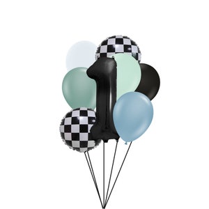 Retro Muted Race Car Themed Balloon Bouquet | Birthday Car themed Balloon Arch | Two Fast Party Decor | Car Birthday | Checkered Balloons