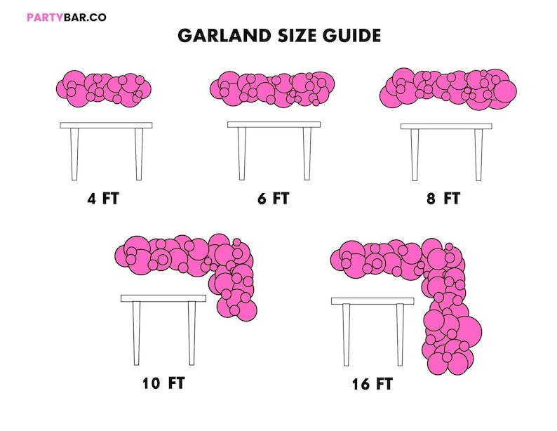 May include: A white background features a garland size guide. Pink balloon garlands are shown in various arrangements on white tables. The guide shows garland lengths of 4 ft, 6 ft, 8 ft, 10 ft, and 16 ft. The text "GARLAND SIZE GUIDE" is at the top.