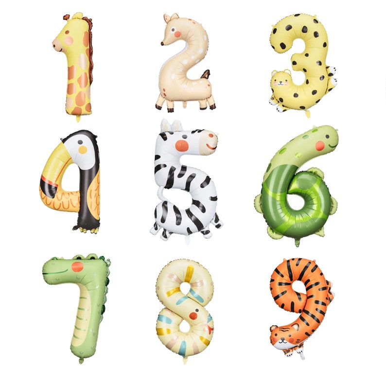 May include: Nine colorful animal-shaped foil balloons, each representing a number from 1 to 9. The balloons are decorated with animal patterns and faces, including a giraffe, deer, leopard, toucan, zebra, snake, crocodile, snake, and tiger.