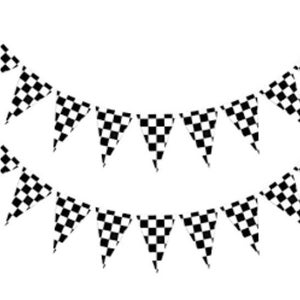 May include: Two strands of black and white checkered pennant flags, perfect for race car or racing-themed parties. Each pennant is triangular and the flags are strung together. The flags are against a white background.