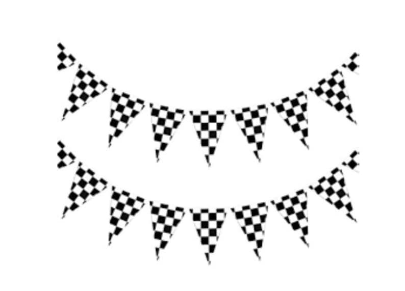 May include: Two strands of black and white checkered pennant flags, perfect for race car or racing-themed parties. Each pennant is triangular and the flags are strung together. The flags are against a white background.