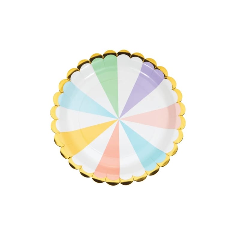 May include: Pastel coloured paper plates with a gold scalloped edge. The plates have a swirl design with alternating colours of light blue, yellow, pink, green, and purple.