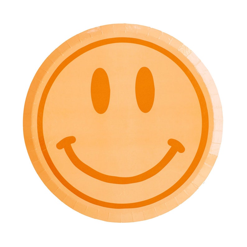 May include: Orange paper plate with a large orange smiley face design.