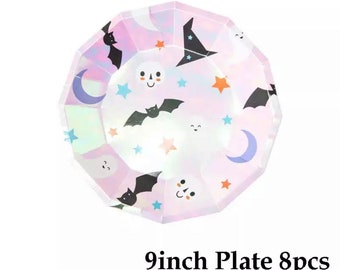 Halloween Holographic Plates | Halloween Decor | Halloween Party | Pink Halloween Decor | Halloween recyclable Paper Plates | Pastel Plates