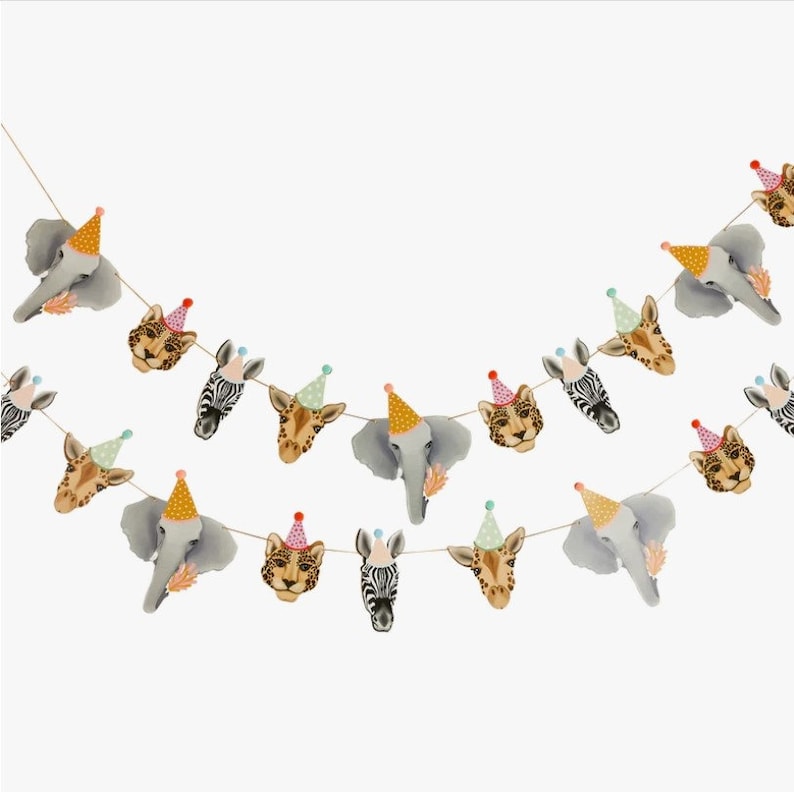 May include: A colorful party garland featuring animal faces with party hats. The garland includes a zebra, giraffe, elephant, and leopard. The garland is perfect for a safari-themed party.