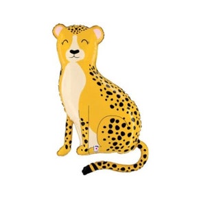 May include: A yellow and black cheetah balloon with a smiling face. The balloon is sitting on its hind legs with its tail curled around its body.