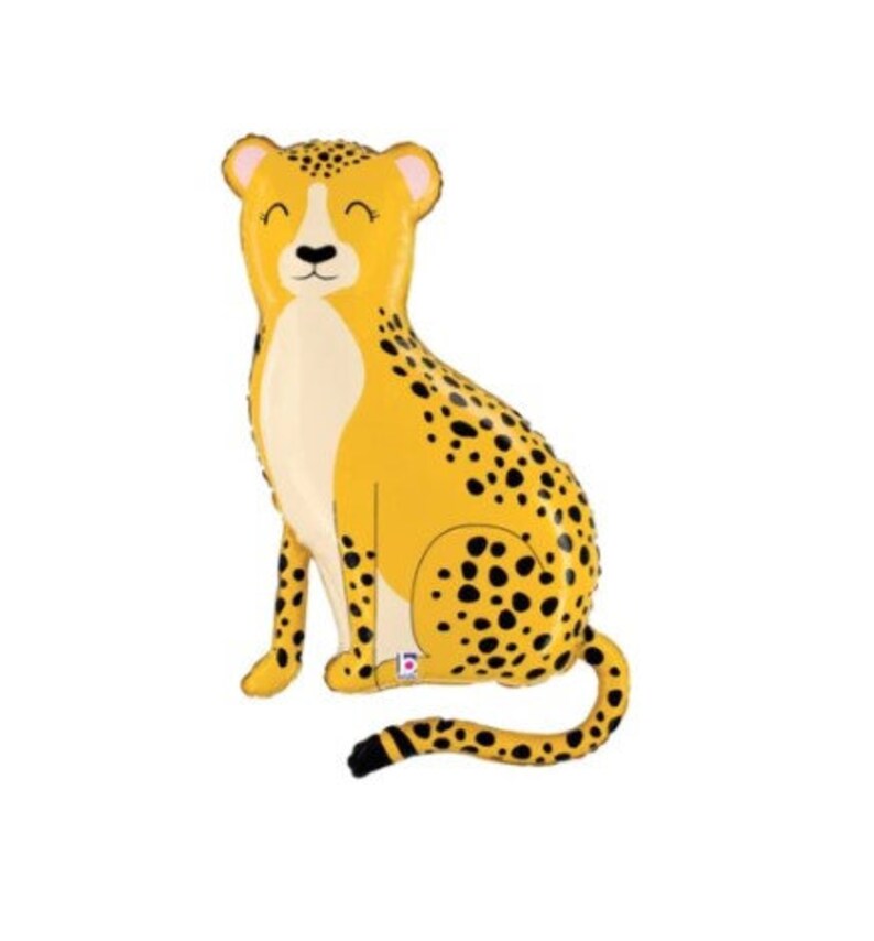 May include: A yellow and black cheetah balloon with a smiling face. The balloon is sitting on its hind legs with its tail curled around its body.