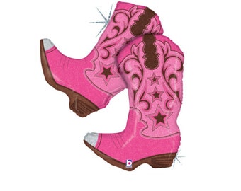 May include: A pair of pink cowboy boots with brown accents and star designs. The boots are made of foil and are inflated.