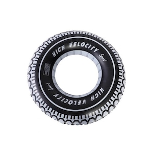 May include: Black and white inflatable pool float shaped like a tire. The float has the words "HIGH VELOCITY Sport" printed on the side in white. The tire tread design is visible around the edges.