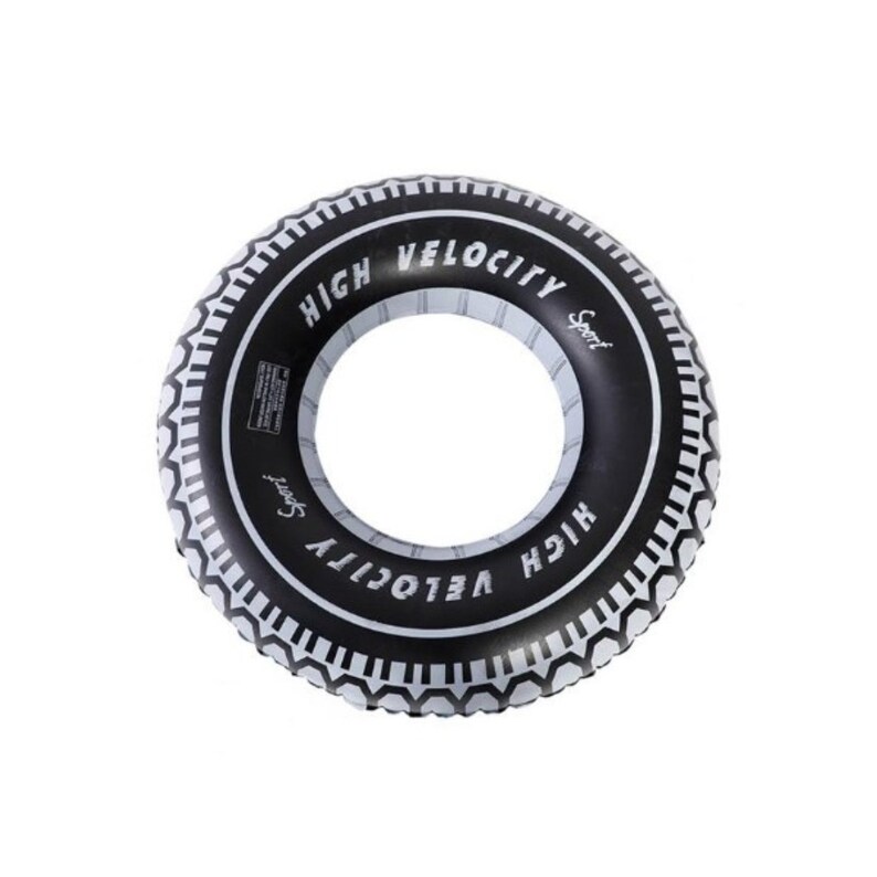 May include: Black and white inflatable pool float shaped like a tire. The float has the words "HIGH VELOCITY Sport" printed on the side in white. The tire tread design is visible around the edges.