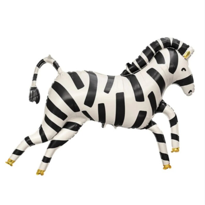 May include: Black and white zebra balloon animal. The balloon is inflated and has a gold colored tail and hooves.