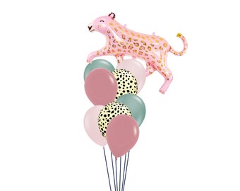 Green Pink Safari Balloon Bouquet | Pink Cheetah Balloons | She's a Wild One | Wild Two | Party Animal Birthday | Animal Print Balloons