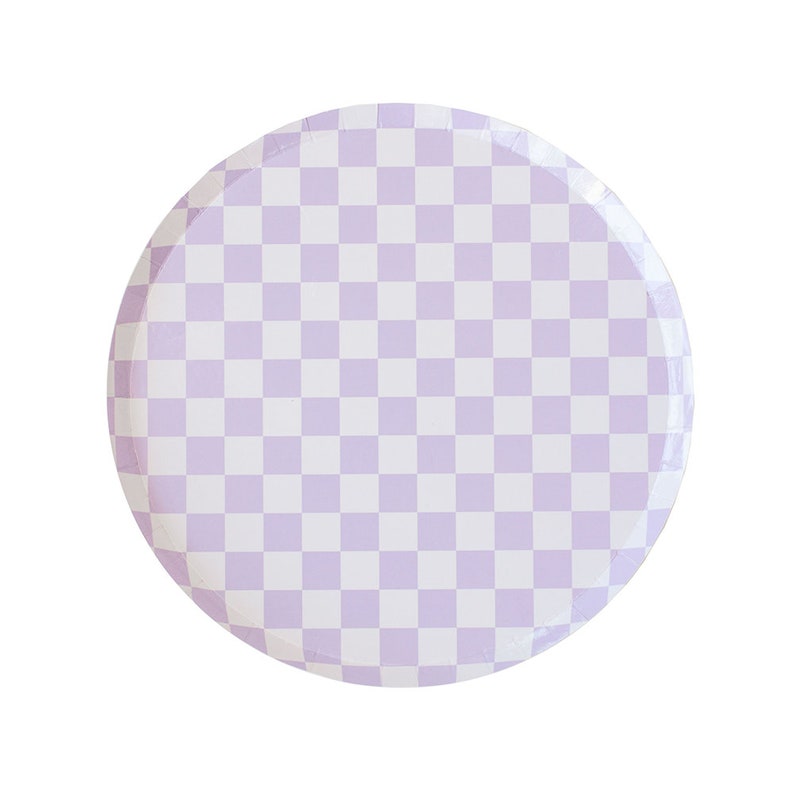 May include: A round, white paper plate with a checkered pattern in a light purple colour.