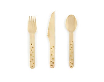 Wooden Cutlery with Gold Stars | Disposable Wooden Cutlery | Space Astronaut Party | Wooden Cutlery | Gold Tableware | Galaxy Themed Party