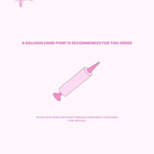 May include: A pink balloon hand pump is recommended for this order. The image shows a pink hand pump with a pink tip and base. Text on the image says, "Please note: Bows and planet ring balloons need a hand pump to be inflated."
